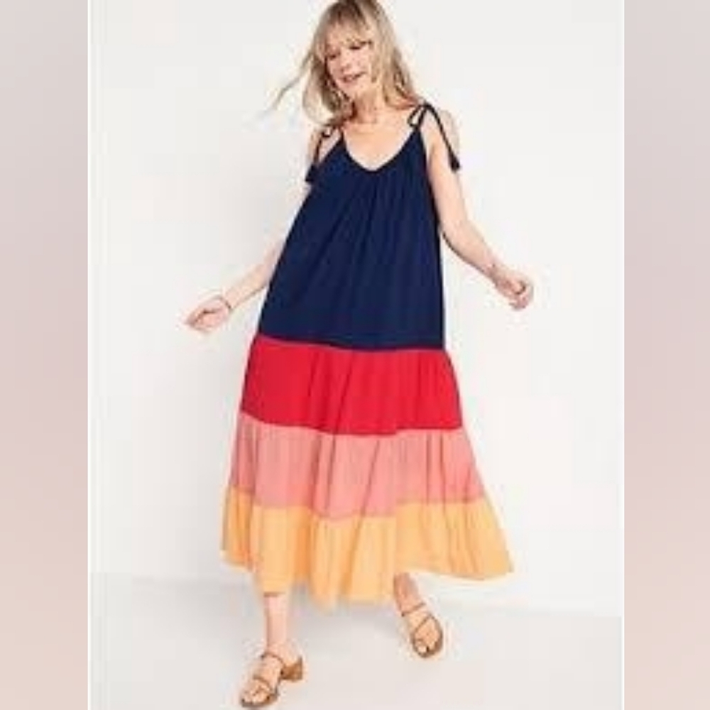 OLD NAVY SLEEVELESS TASSELED COLOR-BLOCK ALL-DAY MAXI SWING DRESS